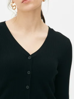 New Gerippter Cardigan Mit V-Ausschnitt Damen Pullover Und Cardigans