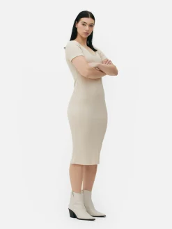 Hot Geripptes, Kurzärmeliges Midikleid Damen Kleider