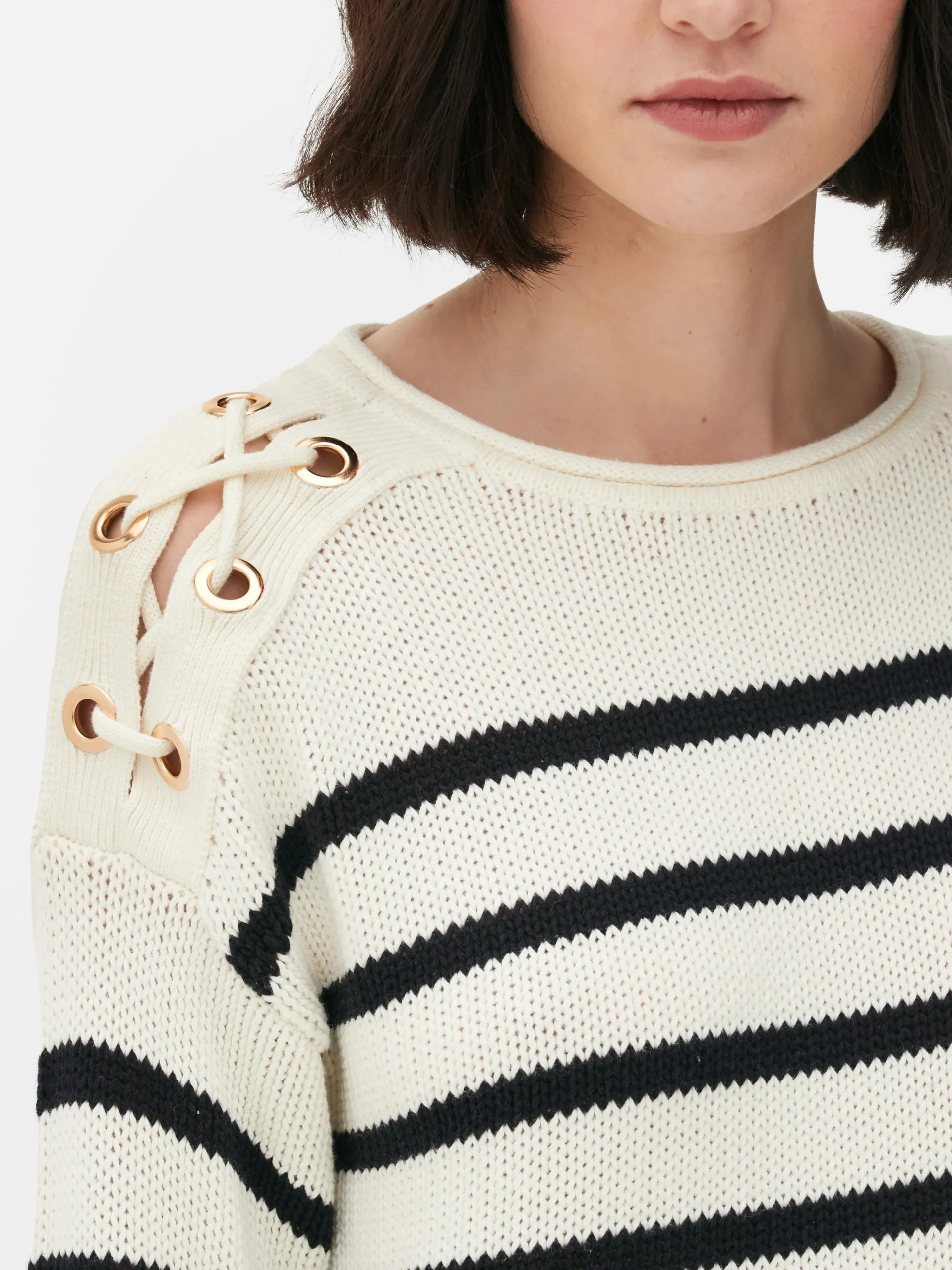 Outlet Gestreifter Pullover Mit Schnürung Im Schulterbereich Damen Pullover Und Cardigans