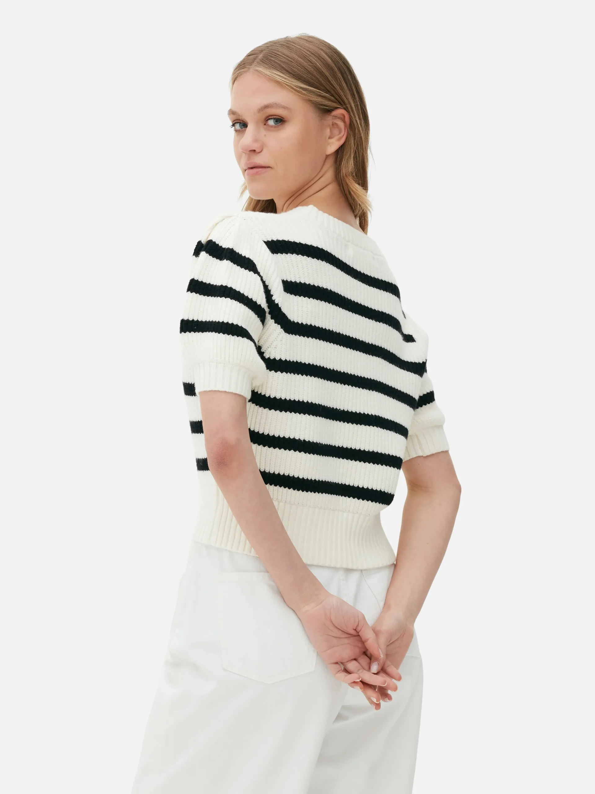 Best Gestreifter Pullover Mit Puffärmeln Damen Pullover Und Cardigans