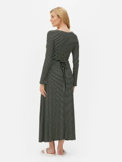 Outlet Gestreiftes Umstands-Midikleid Mit V-Ausschnitt Damen Kleider