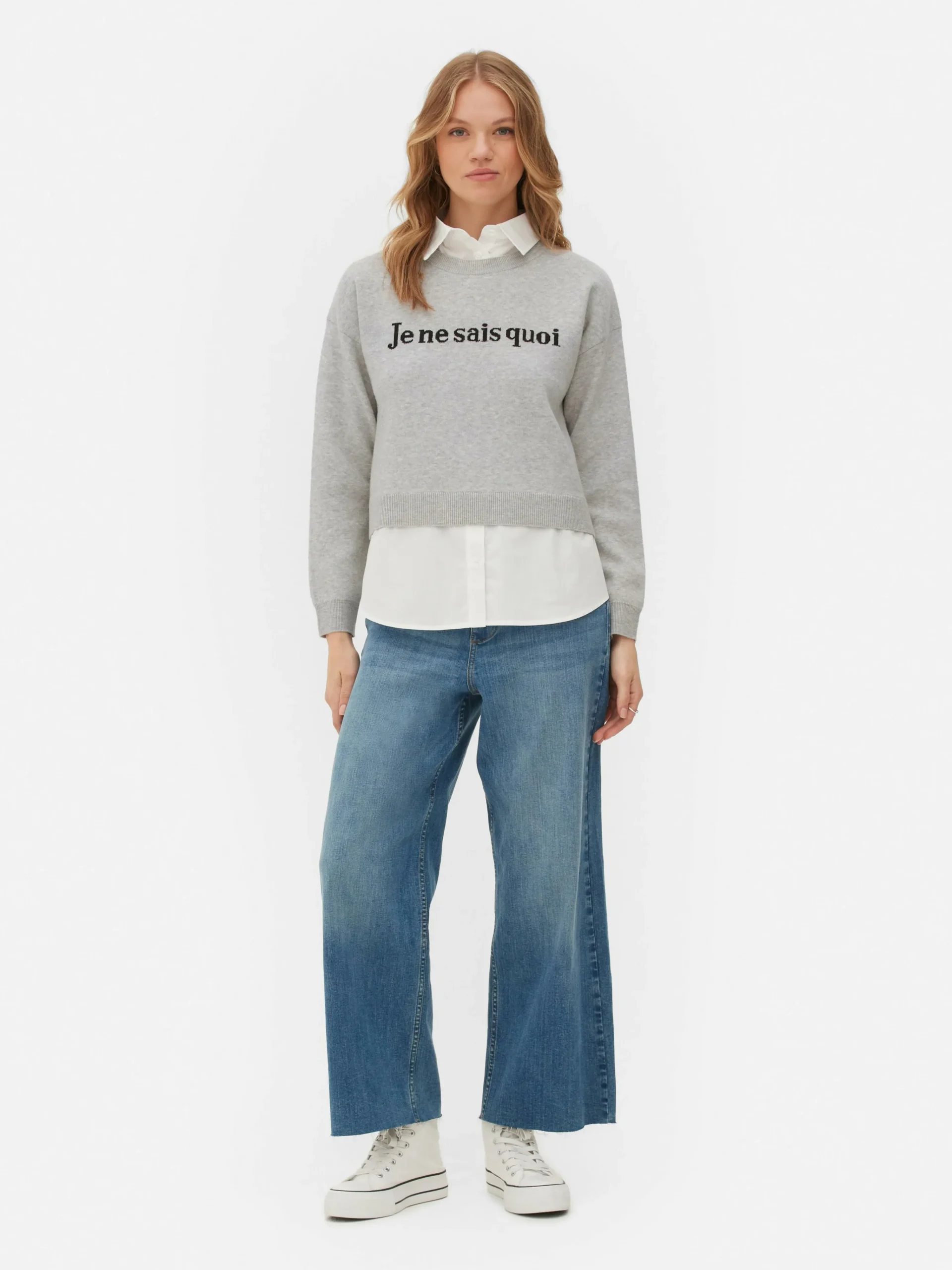 Online 2-in-1-Set Aus Strickpullover Mit Slogan Und Hemd Damen Pullover Und Cardigans