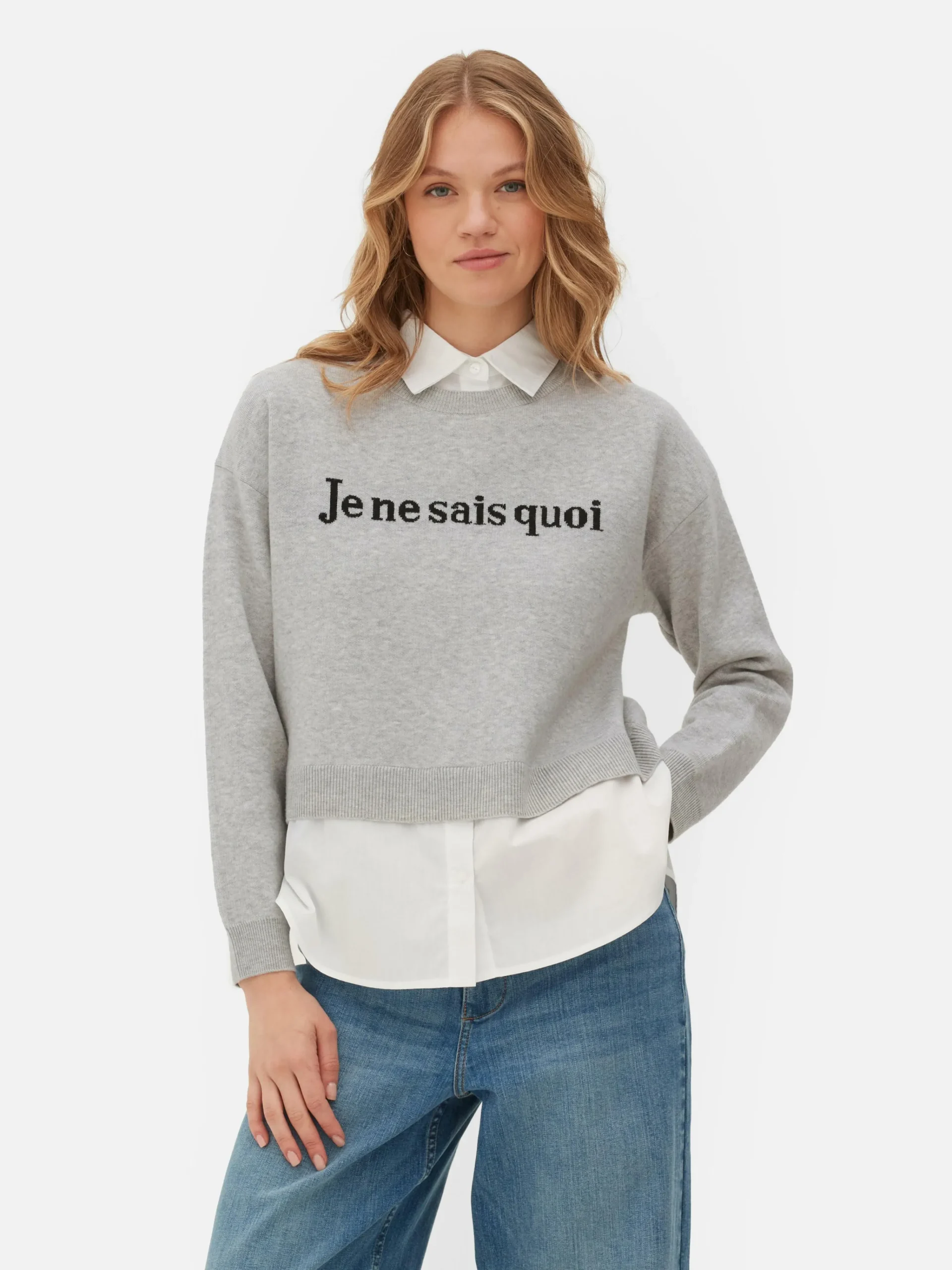 Online 2-in-1-Set Aus Strickpullover Mit Slogan Und Hemd Damen Pullover Und Cardigans