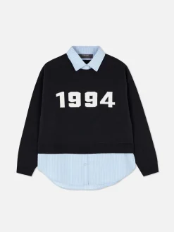 Online 2-in-1-Set Aus Strickpullover Mit Slogan Und Hemd Damen Pullover Und Cardigans