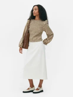 New Karierte, Geraffte Langarmbluse Damen Blusen