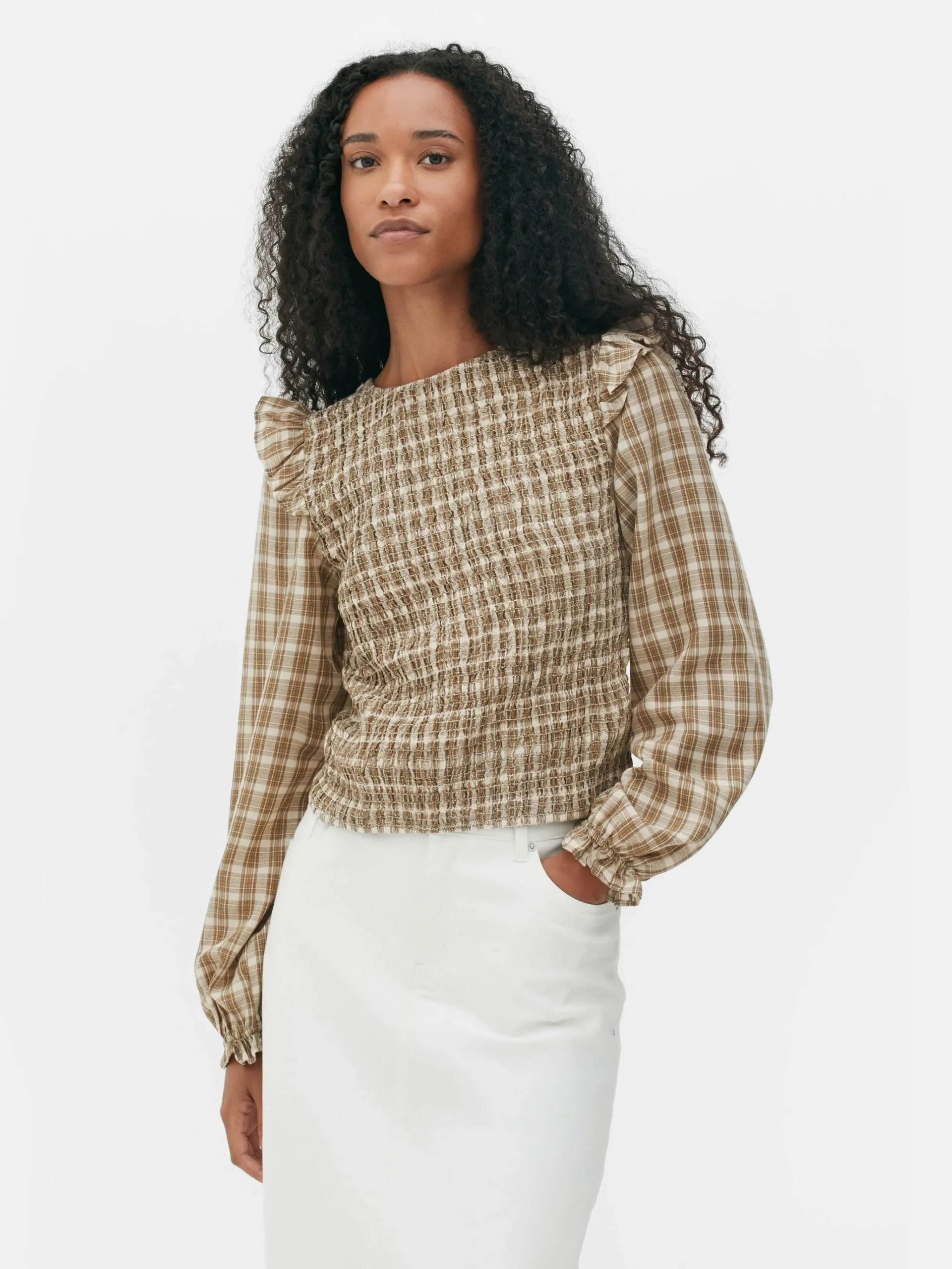 New Karierte, Geraffte Langarmbluse Damen Blusen