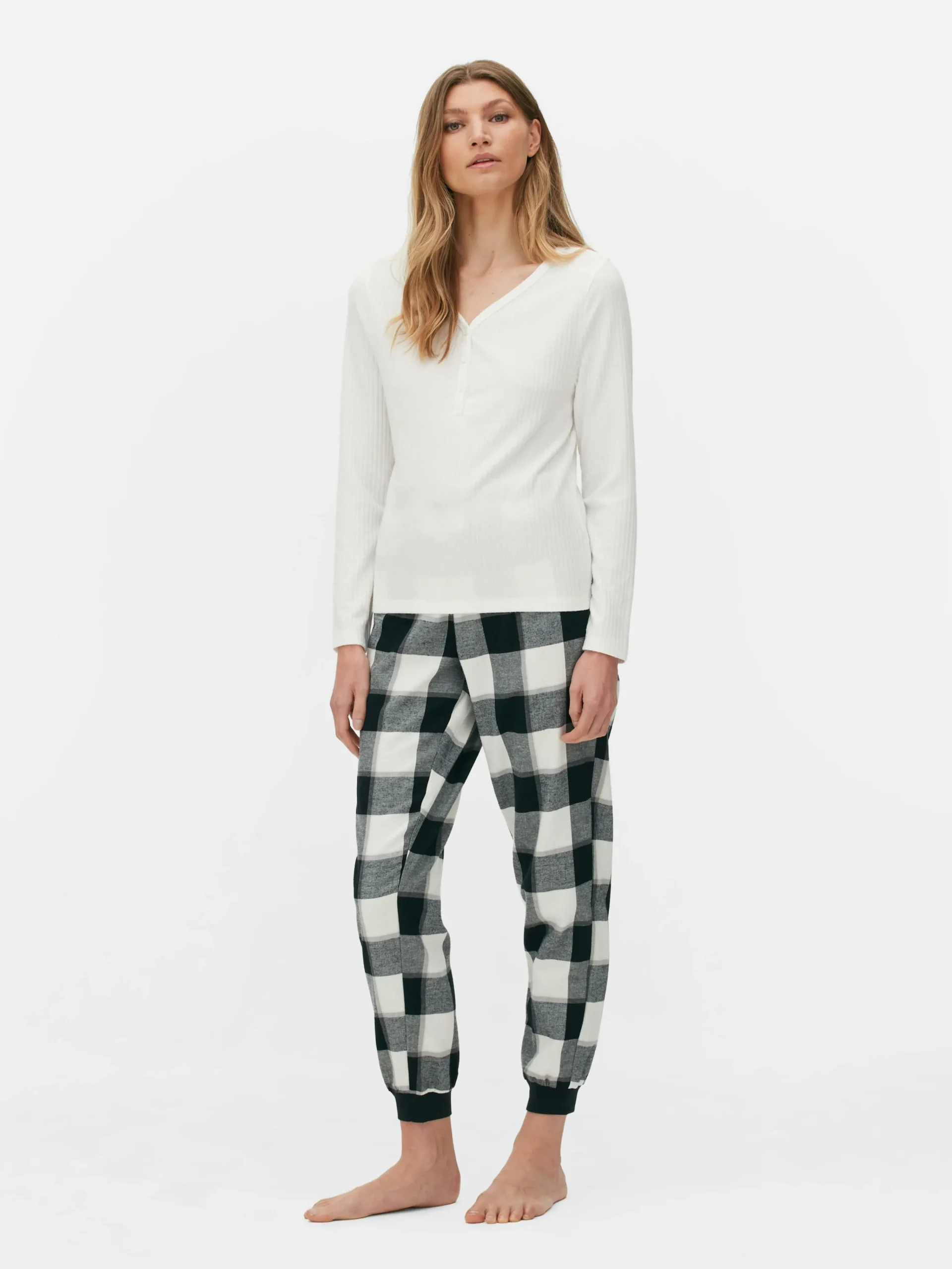 Langärmeliger Schlafanzug Mit Karierter Hose Damen Schlafanzüge