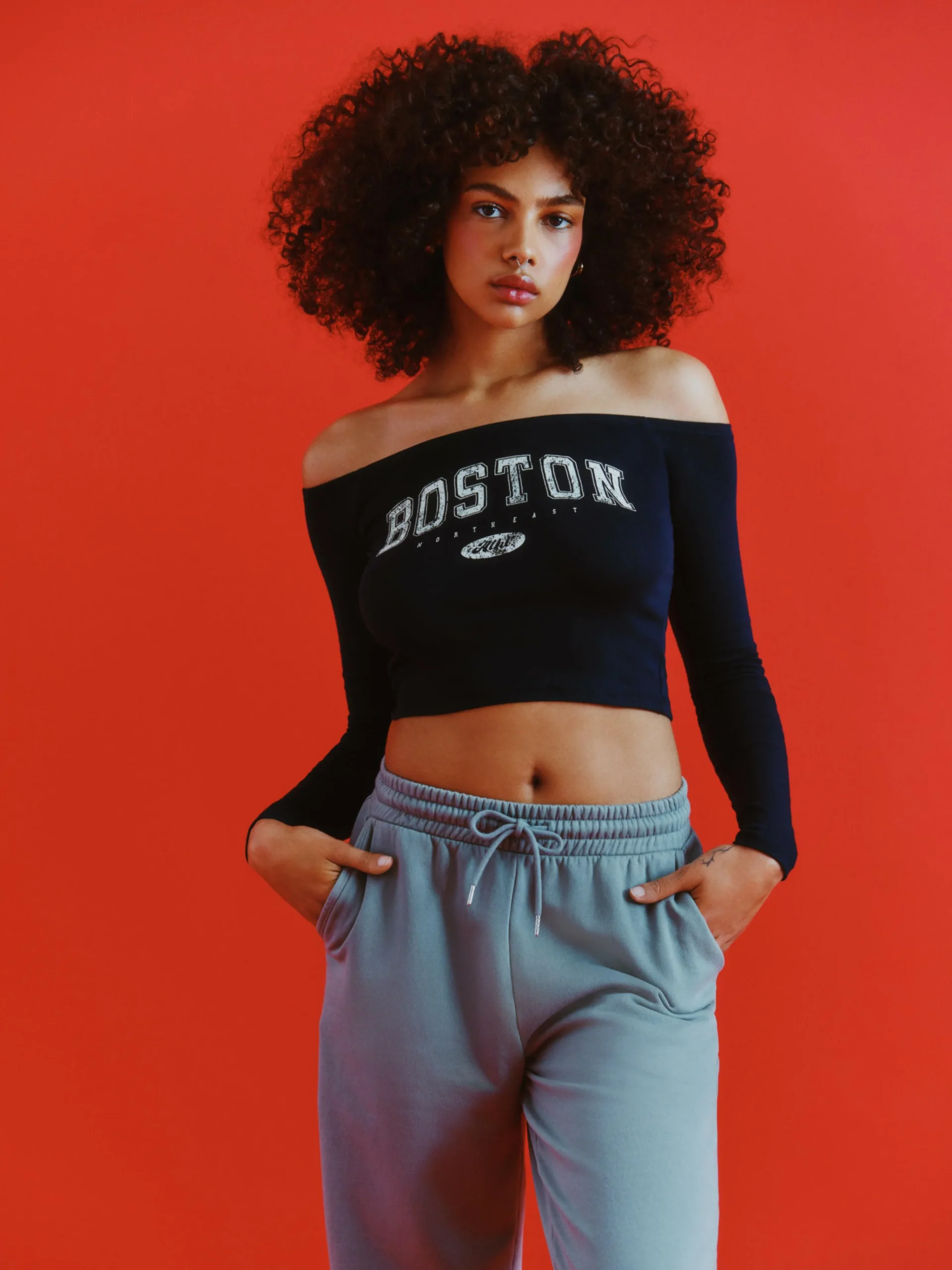 New Langärmeliges, Bauchfreies Bardot-Top Damen Tops Und T-Shirts