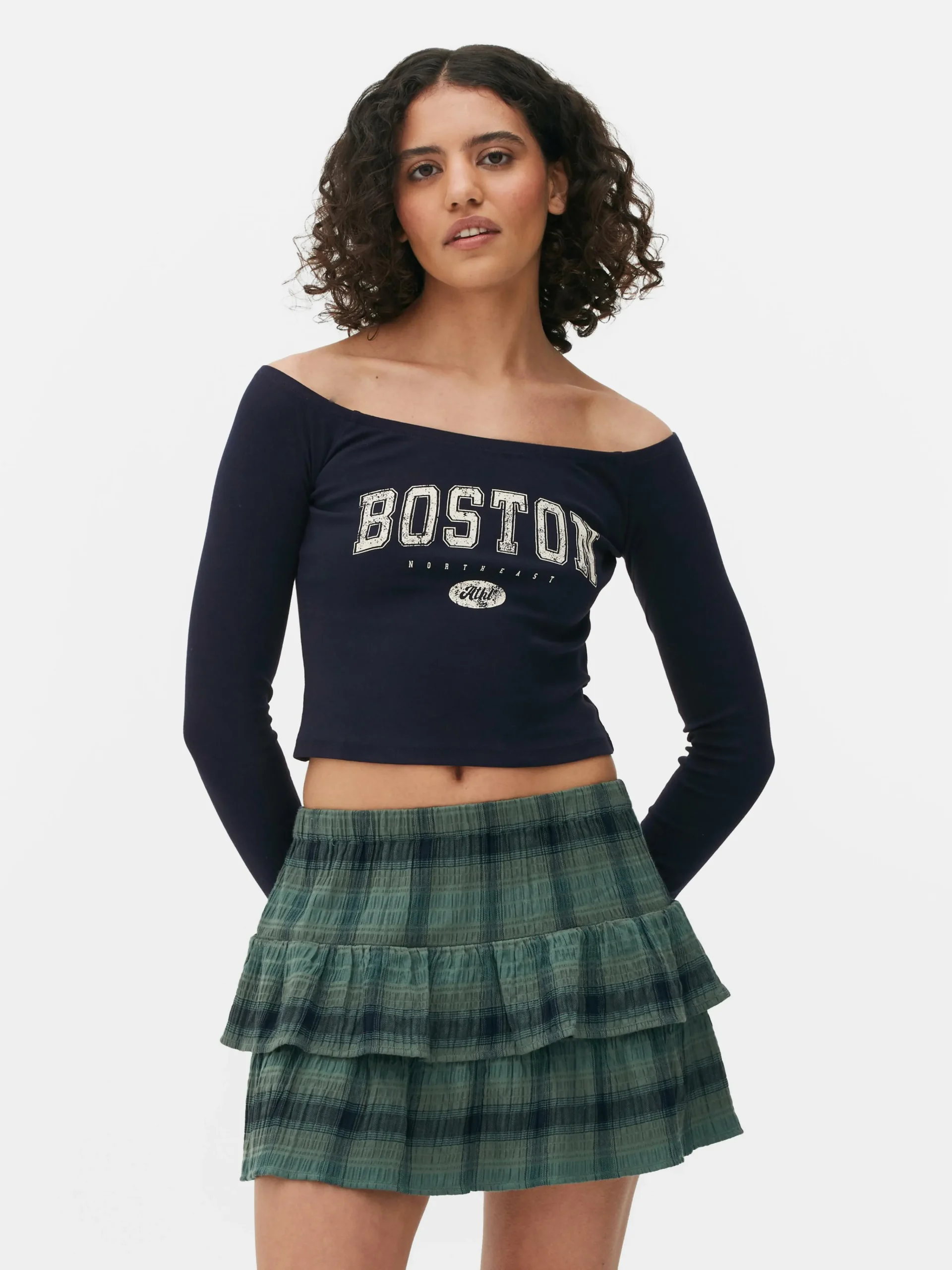 New Langärmeliges, Bauchfreies Bardot-Top Damen Tops Und T-Shirts