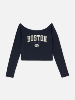 New Langärmeliges, Bauchfreies Bardot-Top Damen Tops Und T-Shirts