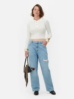 Outlet Langärmeliges, Geripptes „Rita Ora“ Poloshirt Damen Tops Und T-Shirts