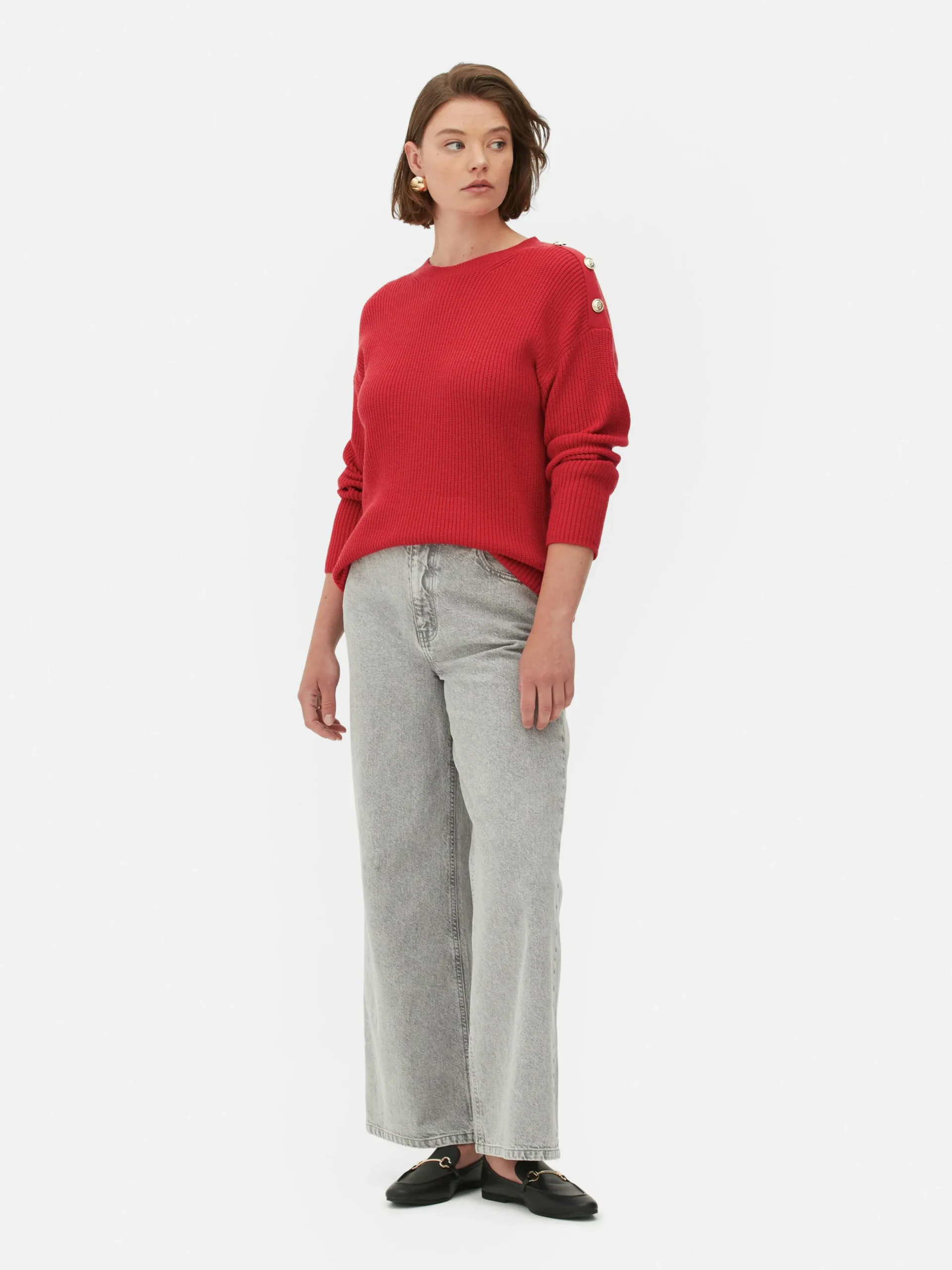 Clearance Rundhalspullover Mit Knopfdetail Damen Pullover Und Cardigans