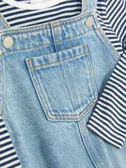 Clearance Set Aus Gestreiftem Langarm-T-Shirt Und Denim-Latzhose Sets Und Outfits