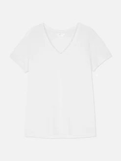 New T-Shirt Aus Baumwollmischgewebe Mit V-Ausschnitt Damen Tops Und T-Shirts